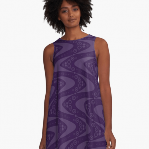 Purple a-line dress with retro boomerang all-over pattern