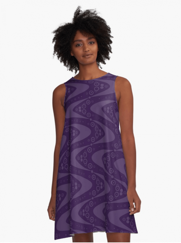 Purple a-line dress with retro boomerang all-over pattern