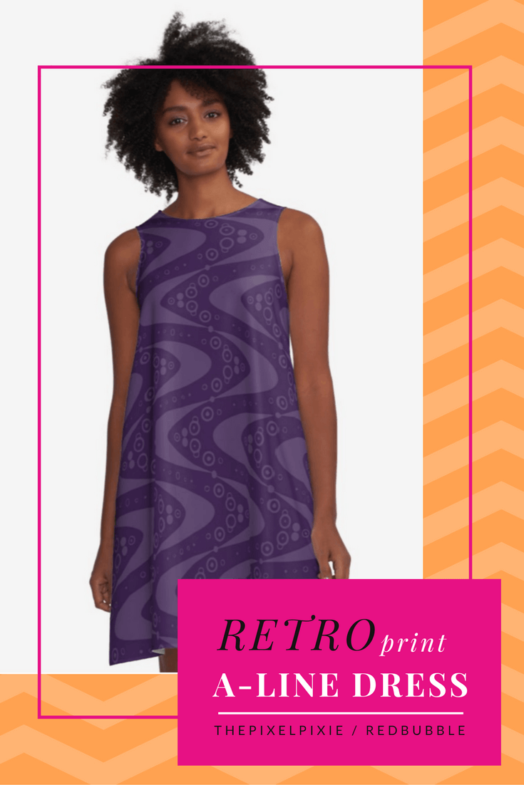 A-Line Dress in purple with retro spirals, boomerangs, etc. By thePixelPixie, through RedBubble