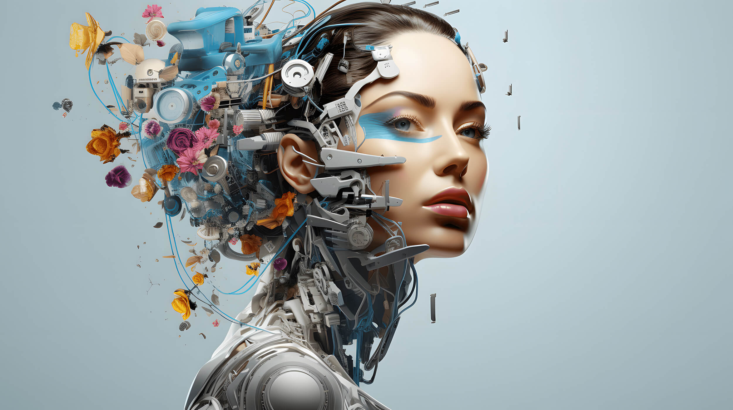 Hero Image Depicting the concept of AI art generation - a woman's face but with tech and creative elements making up a mech outer 'skin', and flowing out where her hair would be