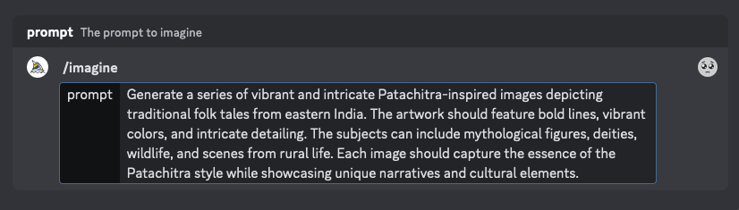 a screenshot of the /imagine prompt and the text for the Patachitra-inspired images from ChatGPT