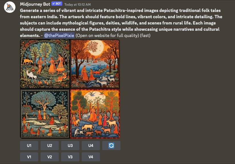 MidJourney prompt results grid from the Patachitra-style art prompt from ChatGPT