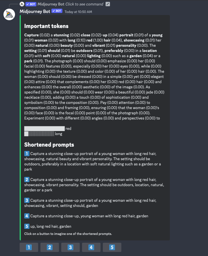 MidJourney /Shorten results and details, showing what words it say as most important, where it cut off, and what it totally disregarded before it cut off